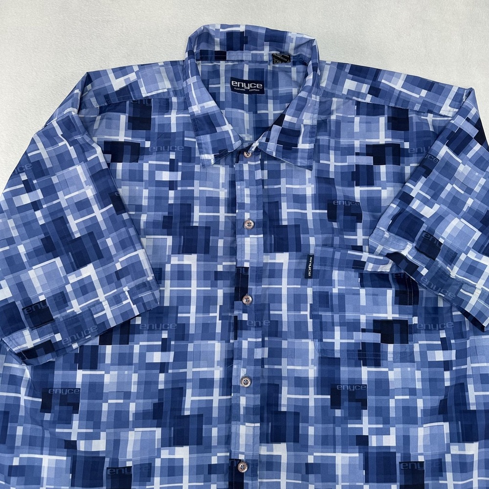 Enyce Shirt Mens XL Blue Geometric Pixel Print Button Front Casual Y2K Vintage